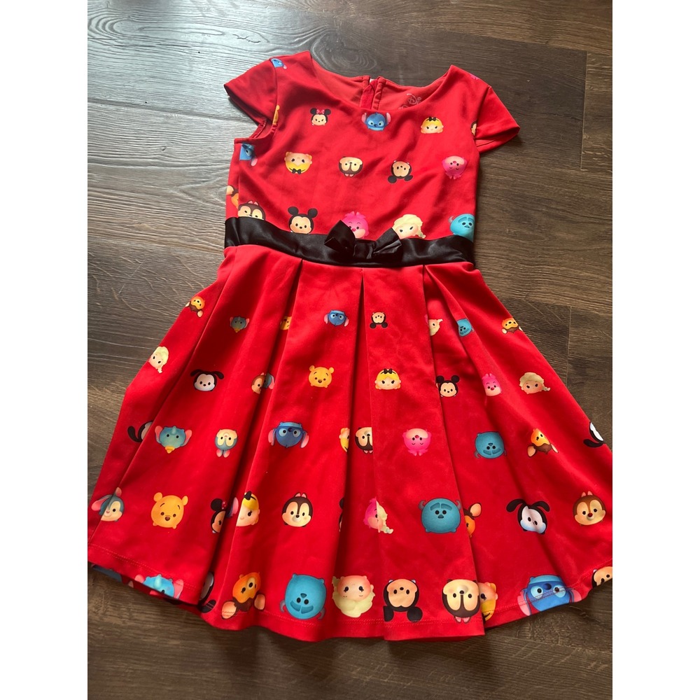 Disney Tsum Tsum Girls Red Character Print Dress Bow Waist Size M 7-8